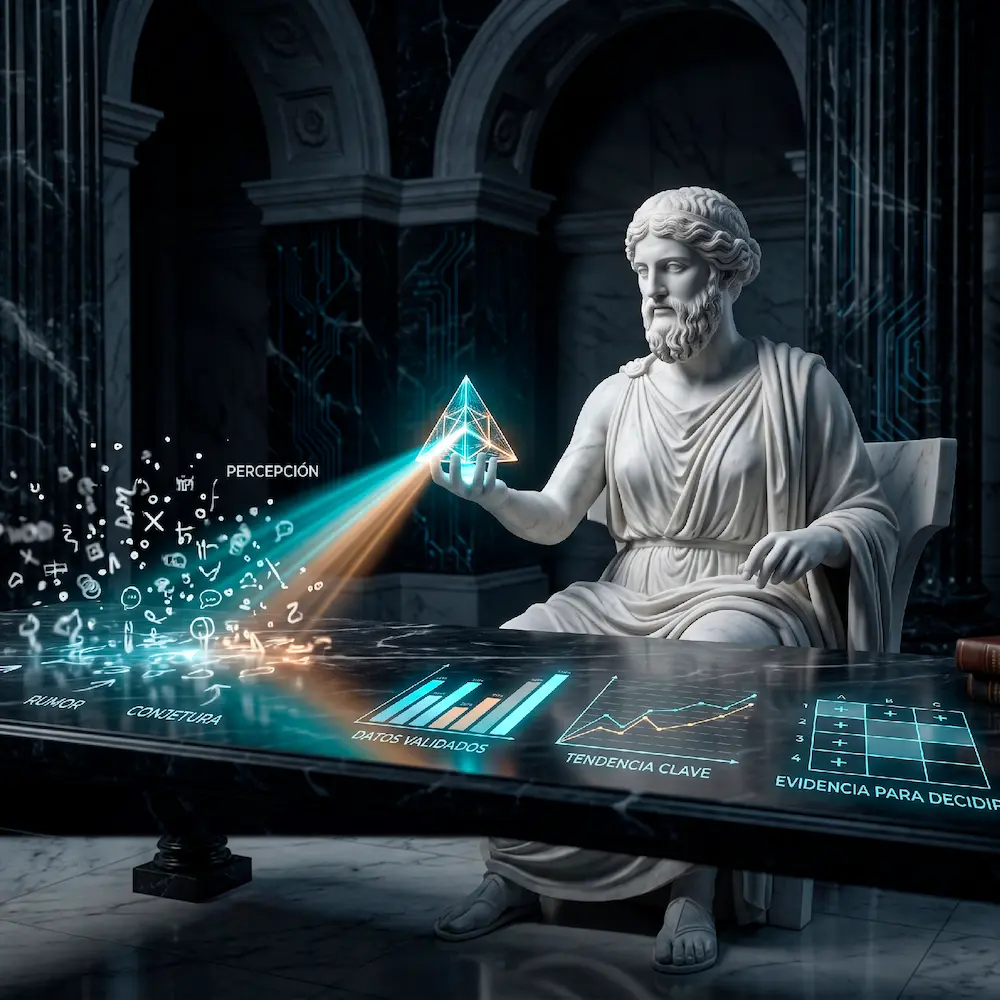 Estatua clasica proyectando un prisma que convierte rumores en evidencia